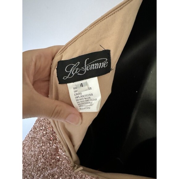La Femme NWT Rose Blush Gold Sequin Floor Length Gown Tie Back Size 4 $398 - Picture 9 of 10